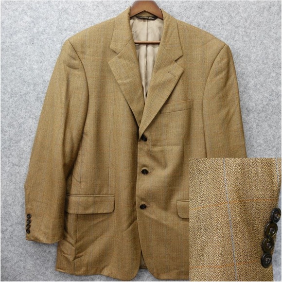 Vintage USA Made Windowpane Plaid Sport Coat Mens 40R Tan...